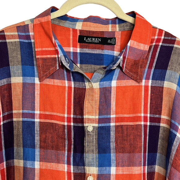 Lauren Ralph Lauren 100% Linen Blouse 2X Orange Blue Plaid Long Sleeve Button Up - Picture 2 of 6